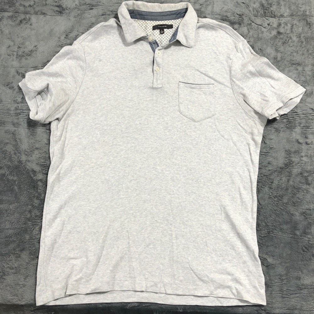 Tahari‎ Polo Shirt Mens Large Gray Short Sleeve Pocket Collared RN157550